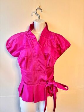 Diane Von Furstenberg Vintage Fuchsia Satin Ruffle Peplum Wrap Top Barbiecore